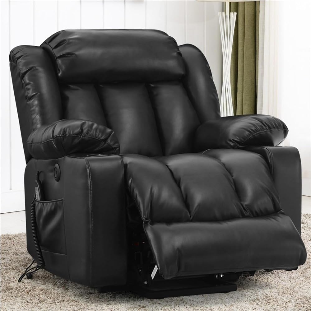 Power Lift Recliner with Massage Heat and USB Ports Electric Stand Assist Chair for Elderly Adults Breathable Leather Sofa Comfortable Lounger with Cup Holders