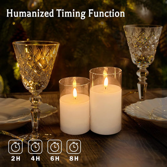 Rechargeable Flameless Candle, Flashing LED Pillar Real Wax Candle with Remote Control and Timer, Teardrop Wick, Clear Glass Electronic Candles, 1 Set of 5