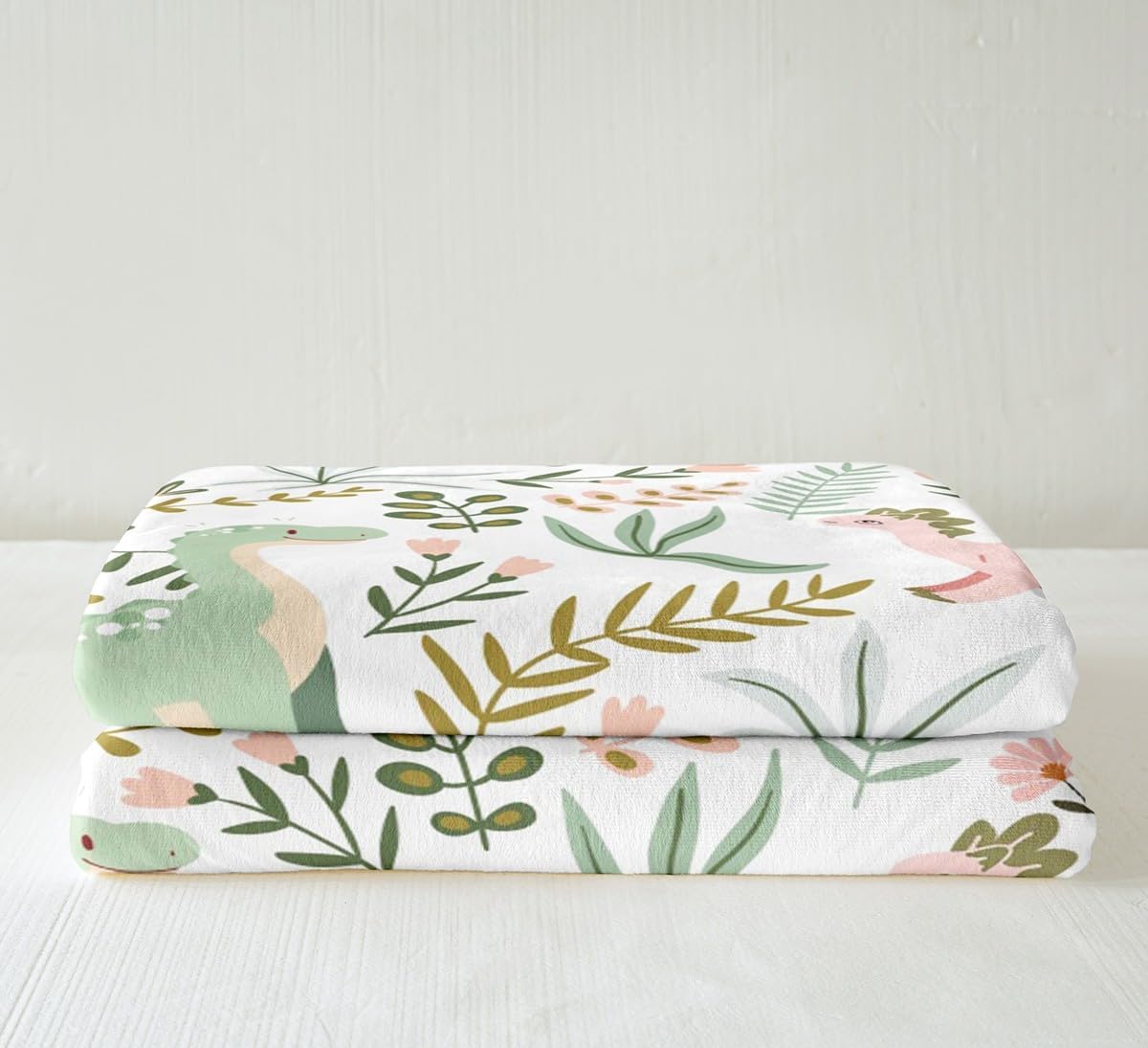 Cute Dino Kids Throws Blanket,Kawaii Pink Green Dinosaur Sherpa Blanket for Girls Teens, Cartoon Wildlife Floral Leaves Plant Microfiber Fleece Blanket Room Decor, Throw Size (50 x 60 Inch)