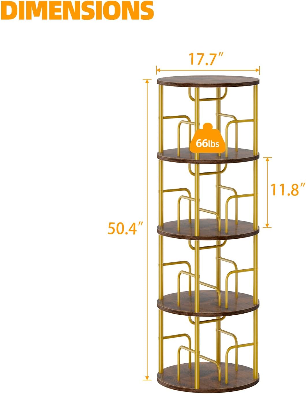 APPOLYN 4 Tier Rotating Bookshelf, 360 Display Spinning Corner Bookshelf, Space Saving Metal Frame Bookcase for Living Room, Office, Bedroom, Gold