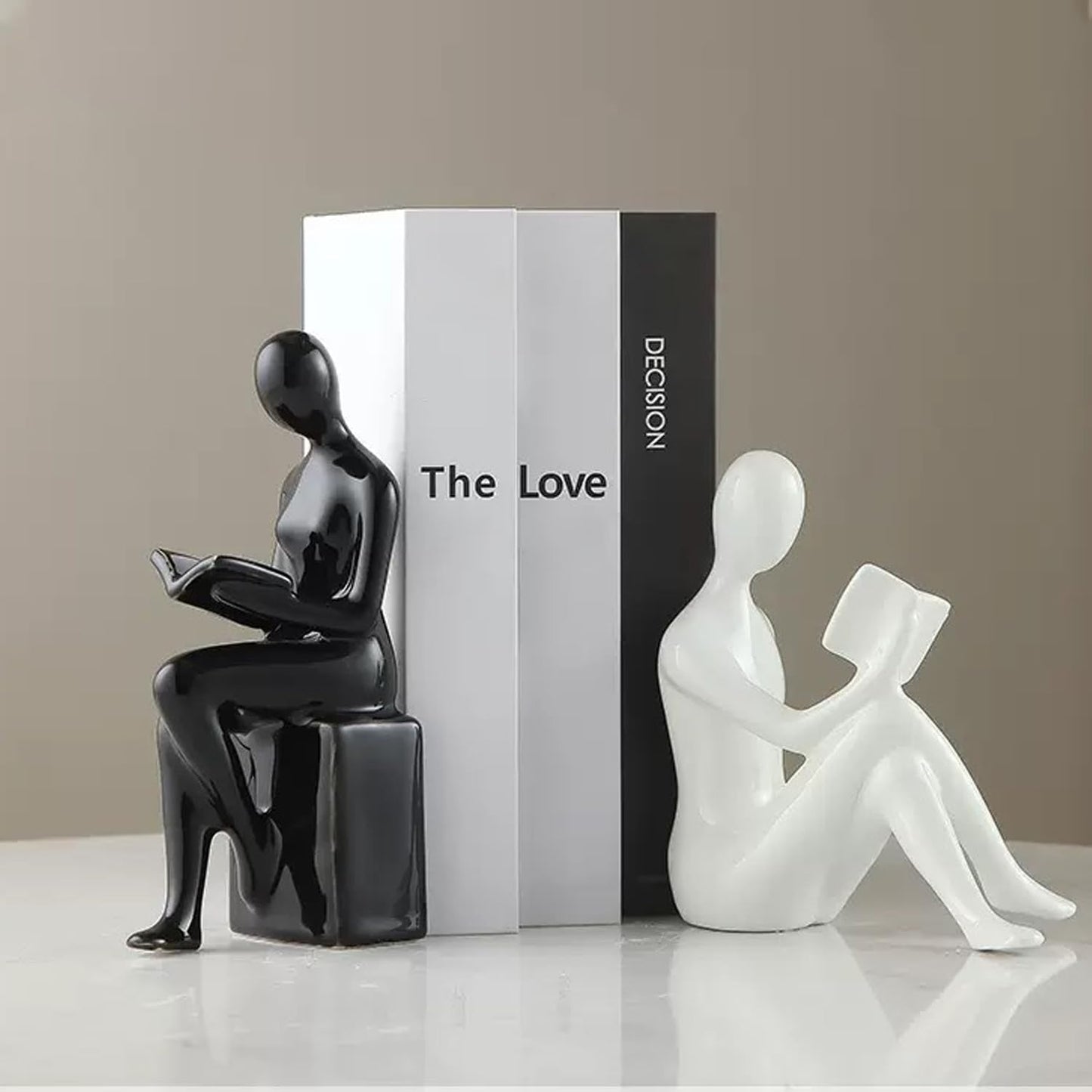 Decorative Bookends, Ceramic Book Ends for Shelves, Home Office Decor Aesthetic Book Stopper Reading Book Holders Statues for Bookshelf Bedroom Living Room Decoration (White and Black)