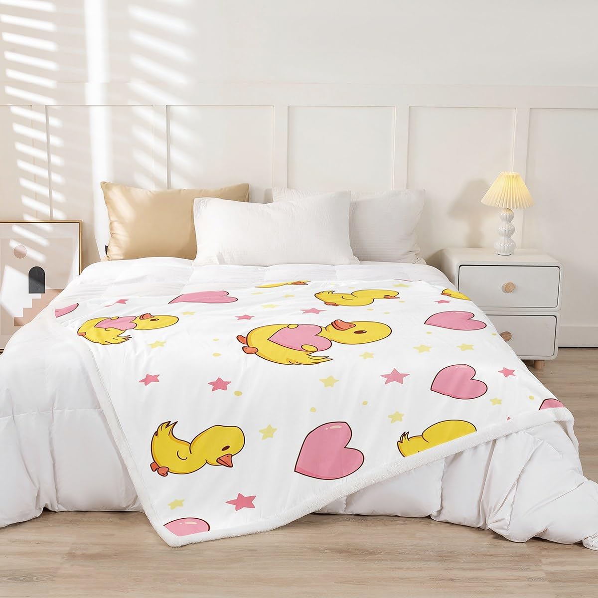 Erosebridal Duck Lover Blanket Funny Duck Animals Throw Blanket Queen for Boys Kids Teens Stars Love Heart Print Fleece Blankets Romantic Cute Themed Sherpa Blankets