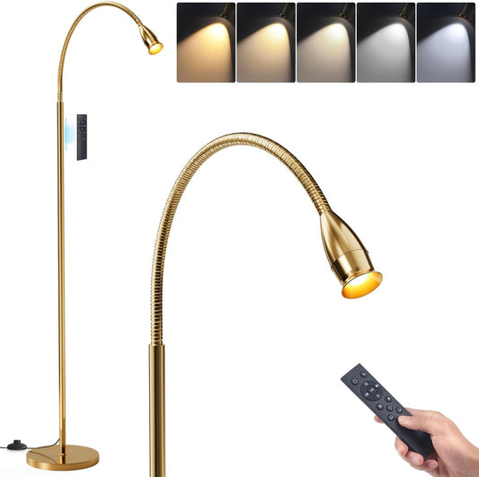 Reading Floor Lamp, 73" Standing Lamp with Dimmable Zoomable LED Spotlight, Adjustable Color Beam and Flexible Gooseneck, Remote & Pedal Control, for Reading Bedroom Crafting (Antique Brass)