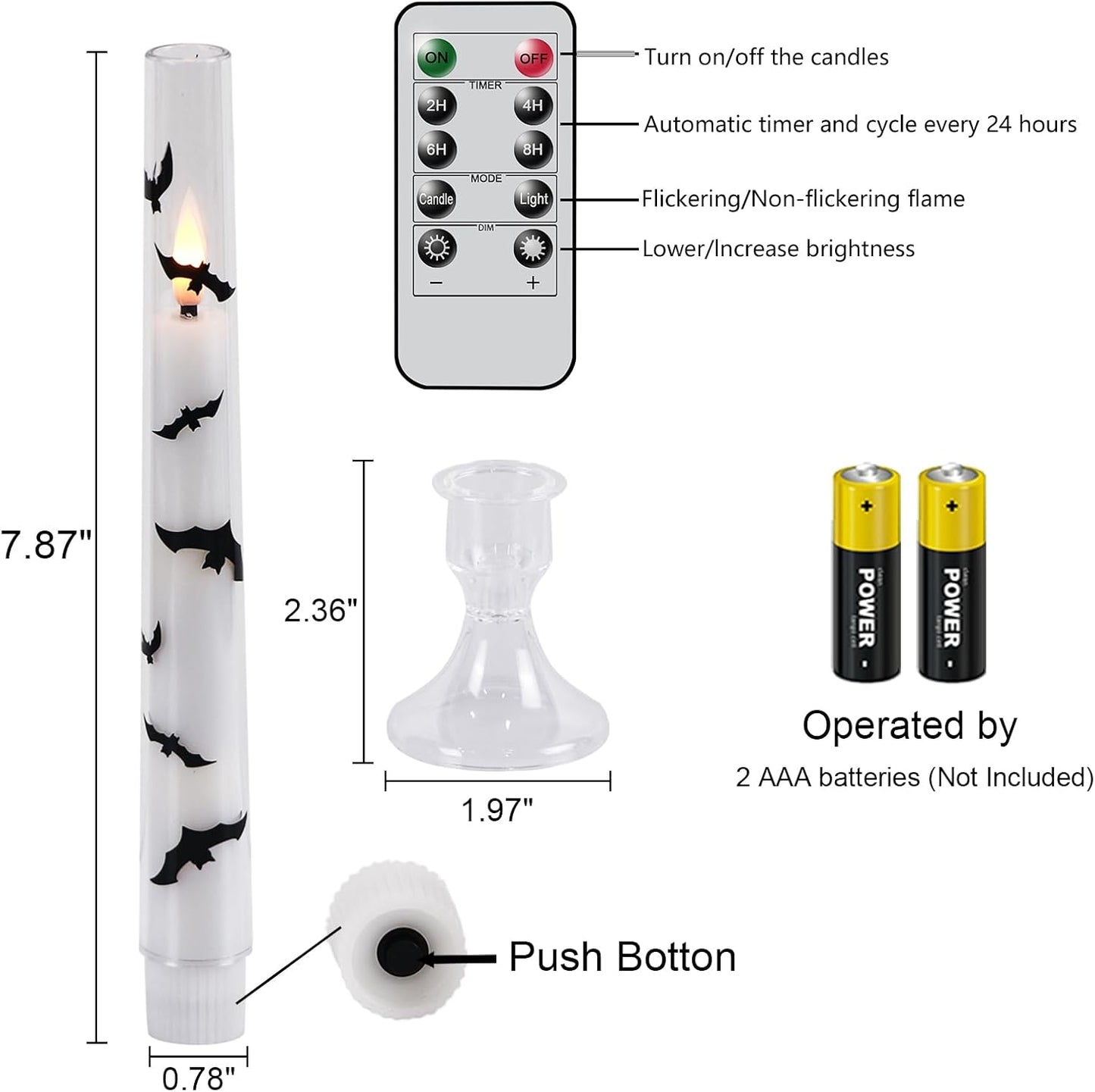 GenSwin Halloween Flameless Taper Candles, 4 Pack Bats LED Taper Candles Battery Operated with Remote Timer, Acrylic Flameless Candlesticks with Bat Prints for Halloween Decor(0.78” x 7.87”)