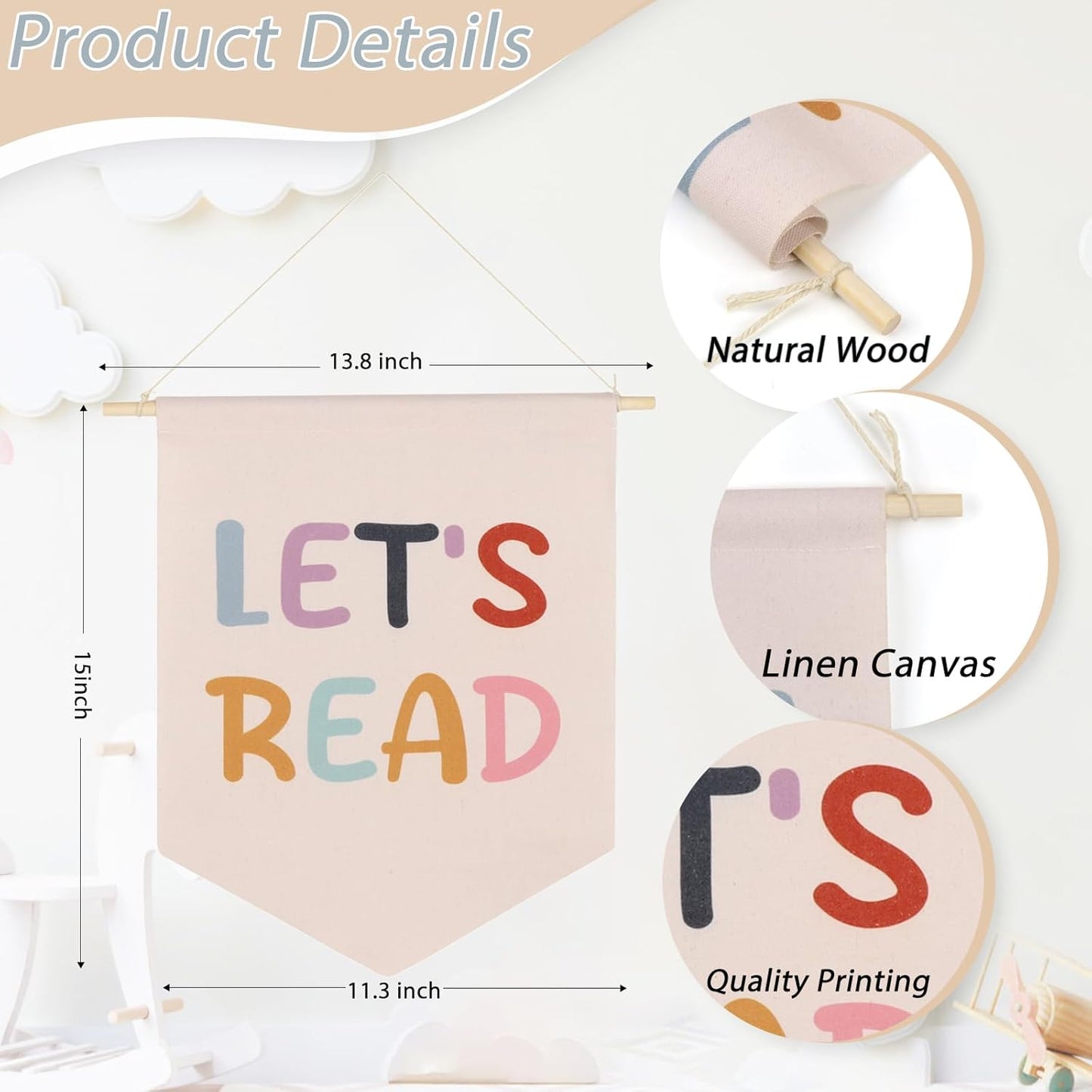 Cool Kids Read Books Hanging Banner-Kid Wall Decor, Let's Read Reading Corner Decor, Reading Nook Wall Art, 2 Pcs Boho Wooden Canvas Banner for Classroom Library Home Kids Room Nursery Preschool