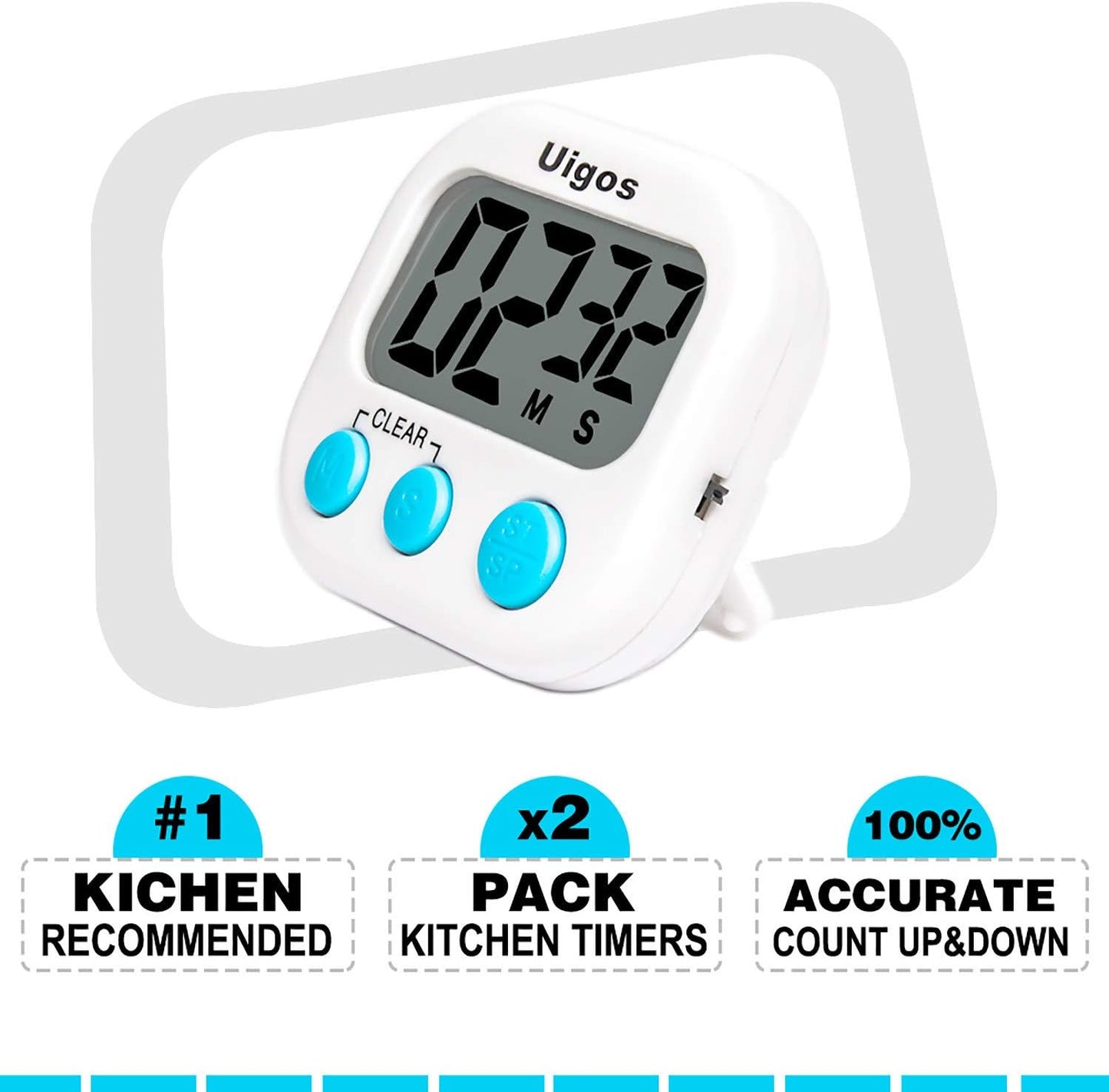 Uigos 2 Pack Digital Kitchen Timer II 2.0, Big Digits, Loud Alarm, Magnetic Backing, Stand, for Cooking Baking Sports Games Office (White) (2 Pack)