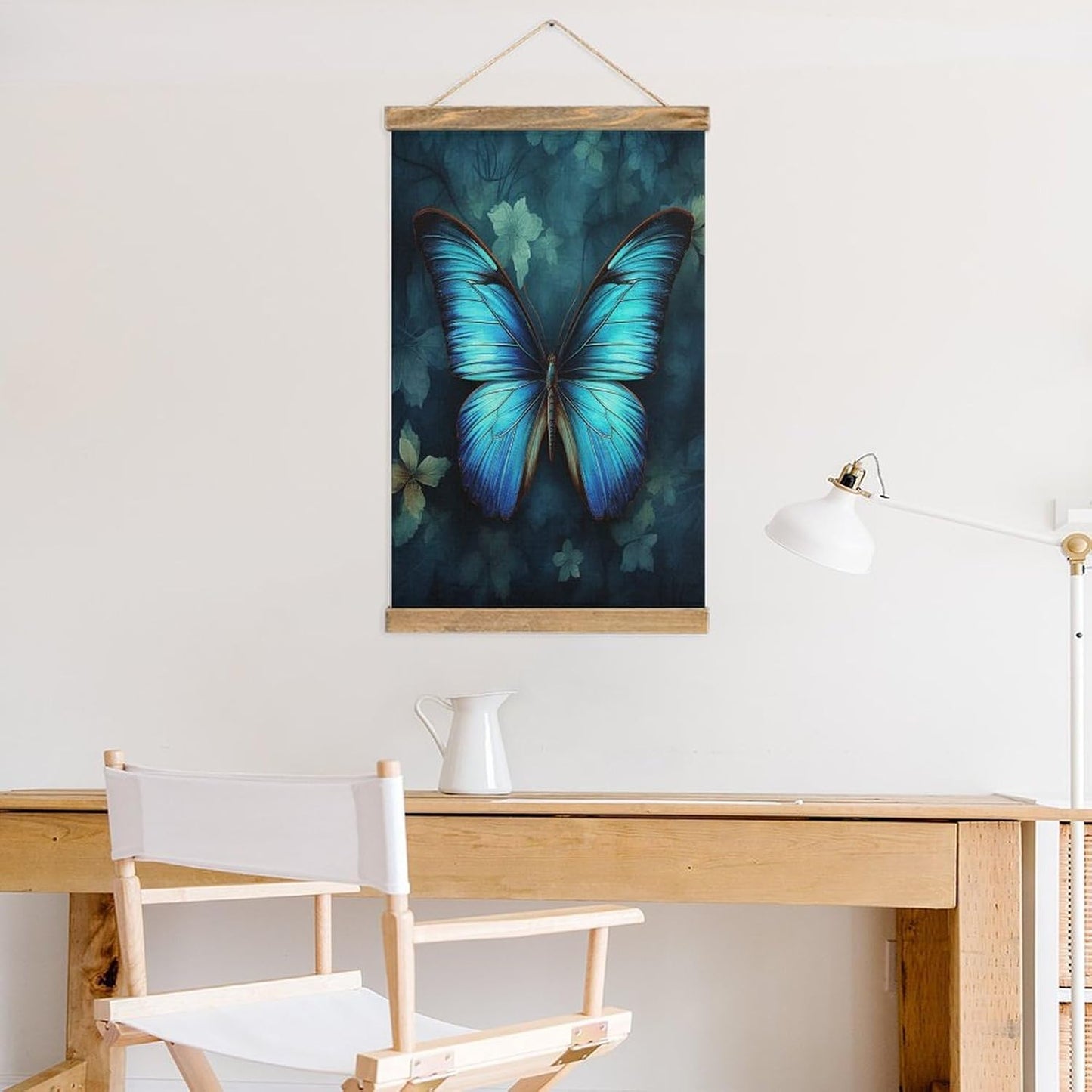 Vintage Blue Butterfly Pattern Poster with Wooden Frame Personalized Linen Hanging Scroll Painting Rustic Wall Hanging Illustrative Modern Artwork Decor for Home Living Room Bedroom Office