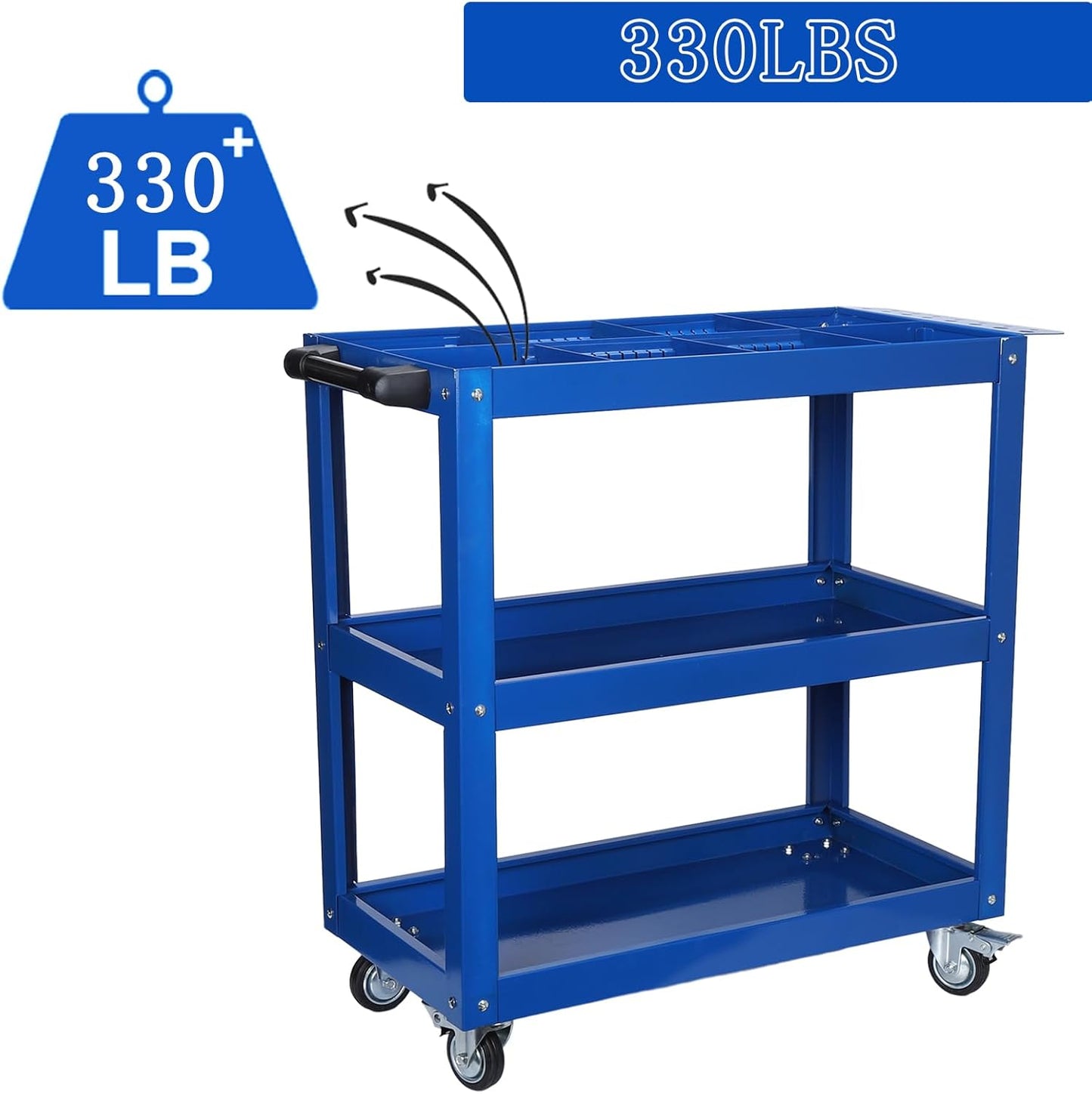 3 Tier Large Capacity Tool Cart, 330 lbs Tool Trolley with Adjustable Dividers, Lockable Wheels & Handle for Garden Warehouse Garage Workshops Blue One Size