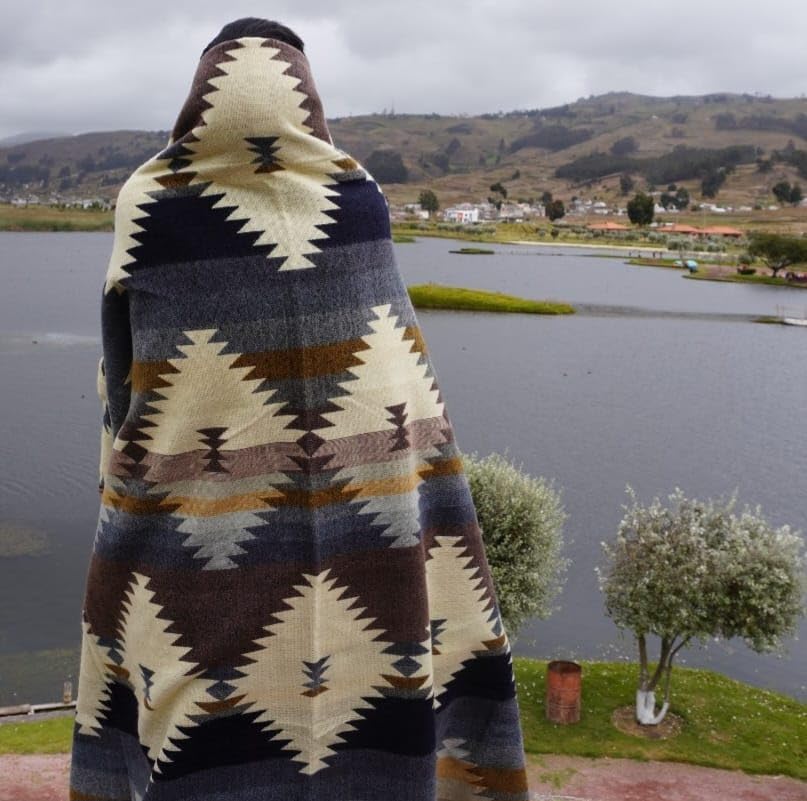 Alpaca Wool Blanket, Queen Size 94 x 78, Reversible 2 in 1, Thick and Ultra Soft, Hypoallergenic, Non-Itchy, Handmade in Ecuador. Premium Alpaca Wool Thtow Blanket for Cozy Comfort. (Blue and Brown)