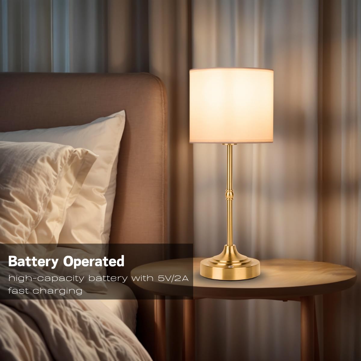 Rechargeable Table Lamp, Cordless Touch Lamps, Portable Desk Light with Stepless Dimmable Brightness & Fabric Shade for Nightstand Bedside Living Room (Gold, Straight)