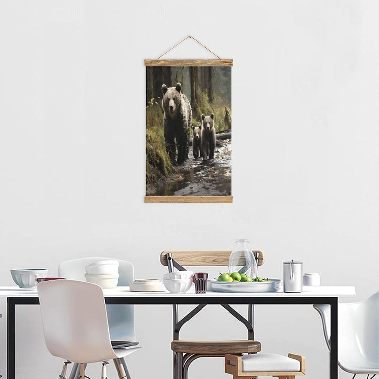 Vintage Mother Bear And Her Cubs Poster with Wooden Frame Personalized Linen Hanging Scroll Painting Rustic Wall Hanging Illustrative Modern Artwork Decor for Home Living Room Bedroom Office