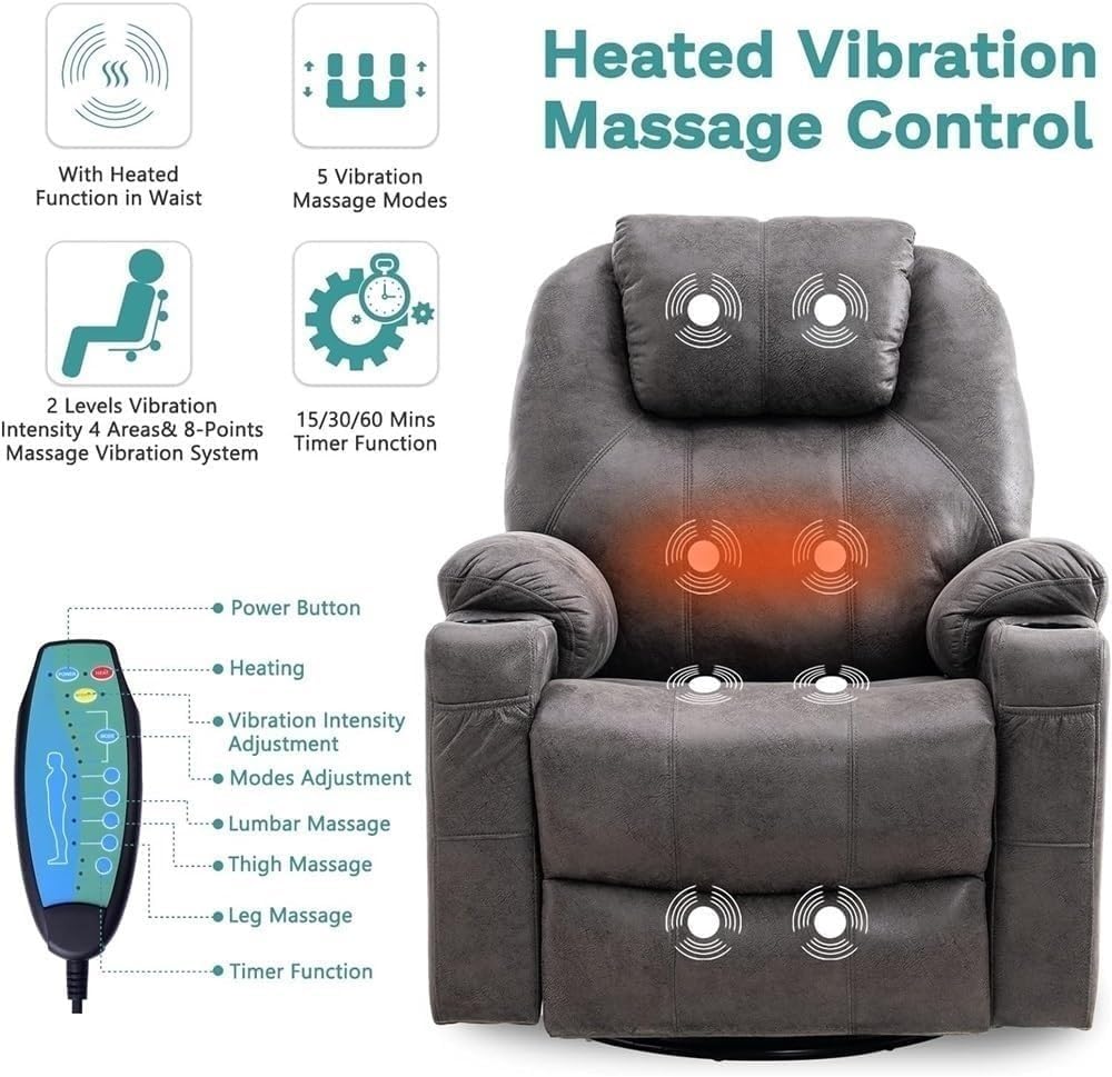 Power Recliner Chair with Massage Heat 360 Swivel Lounge Recliners with USB Ports Cup Holders Ergonomic Glide Rocking Recliner for Home Theater Seating Living Room