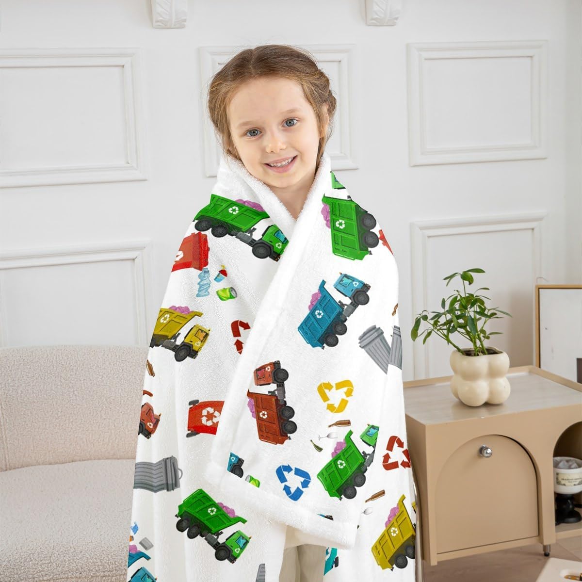 Garbage Truck Kids Throw Blanket,Cartoon Trash Truck Transport Vehicles Bed Blanket,Boys Girls Adults Room Decor,Trash Can Chic Fleece Blanket,Colorful Bright Fuzzy Blanket,Twin Size (60 x 80 Inches)