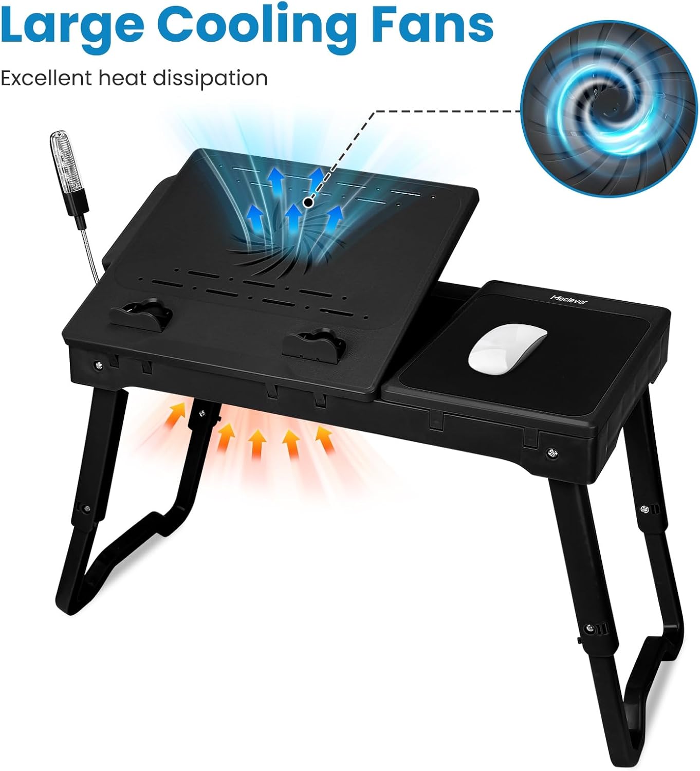 Foldable Laptop Table, Portable Bed Notebook Desk, Height Adjustable Laptop Stand with Cooling Fan LED Light 4 x USB Ports Breakfast Tray Storage Groove for Home Office Use (Black)