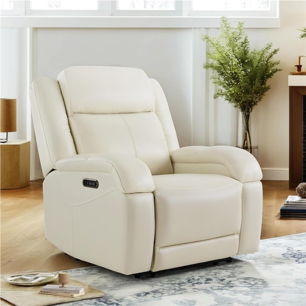 Leather Power Recliner Chair for Adults, Modern Electric Recliner Sofa with Power Headrest and USB Charging Ports, Comfortable Home Theater Recliner Chair for Living Room