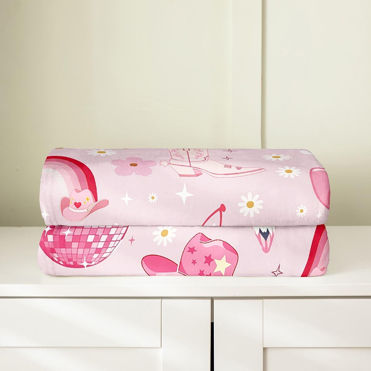Castle Fairy Cowgirl Hats Boys Girls Flannel Blanket Disco Ball Flower Rainbow Fleece Throw Blankets Western Bull Skull Starry Bed Blanket for Bed Sofa Couch Bedroom Pink Lightweight Blankets 30"x40"