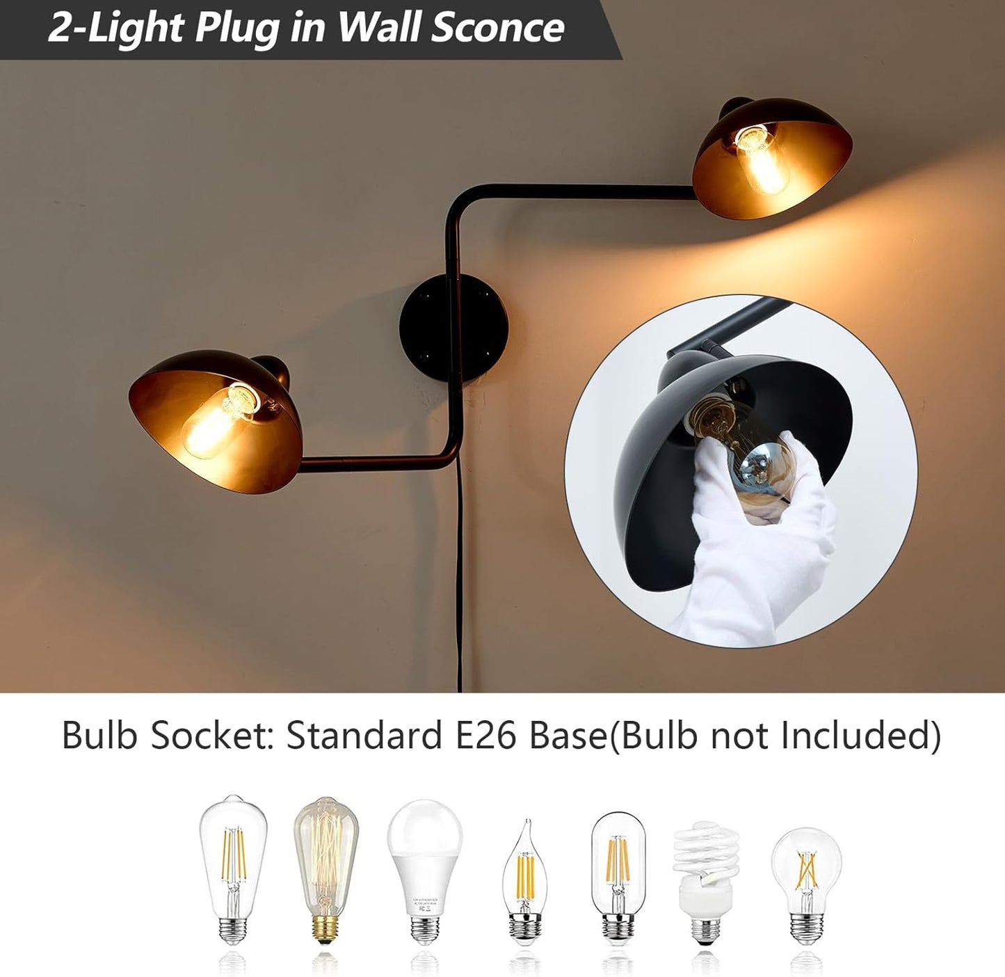 Adjustable Black Swing Arm Wall Sconce, 2-Light Plug in Wall Lamps with ON/Off, Rotatable Metal Dome Shades Wall Mount Lighting Fixture for Living Room Bedroom Study