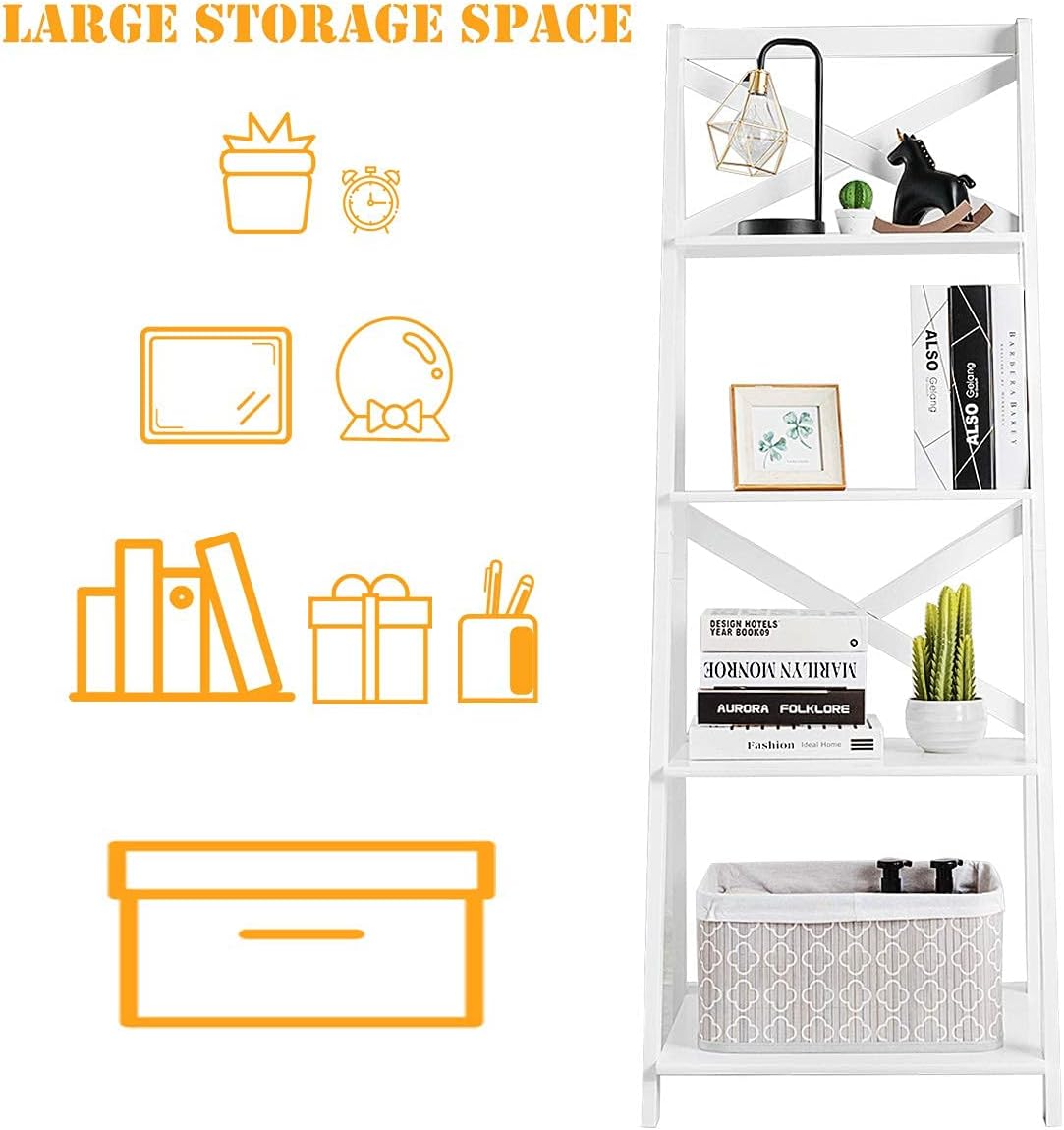 4-Layer Ladder Shelf Rack, Free Standing Wooden Bookcase, Flower Plants Display Shelf, Multifunctional Storage Bookshelf for Entryway Living Room Kitchen Bedroom Office (1, White)