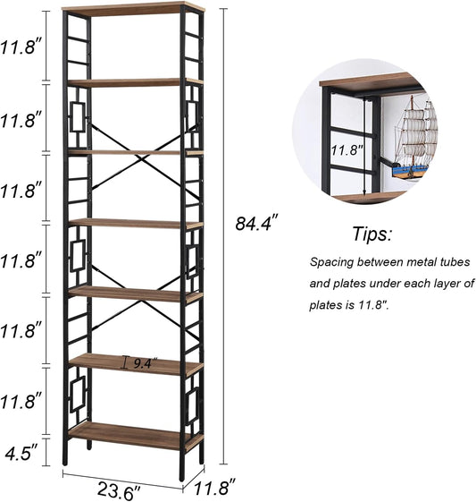 HOMISSUE Tall Bookshelf, 84 Inch Industrial Bookshelf with Metal Frame and Open Shelves, 7 Tier Metal Bookshelves and Bookcases, Rustic Tall Book Shelf for Office, Living Room and Bedroom, Brown