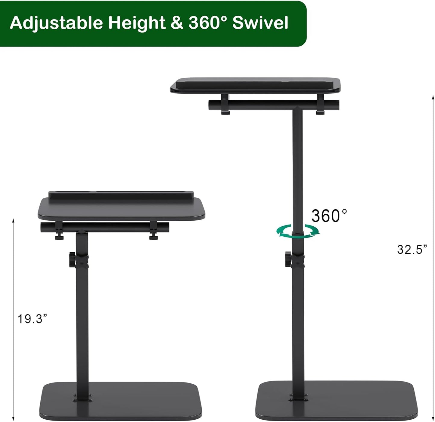 Sofa Side Tray Table for Couch - Set of 2 Adjustable Height 360° Swivel C Table for Sofa & Bed, Use as TV Tray Laptop Stand Snack Table Reading Desk, Fits Eating Working Studying