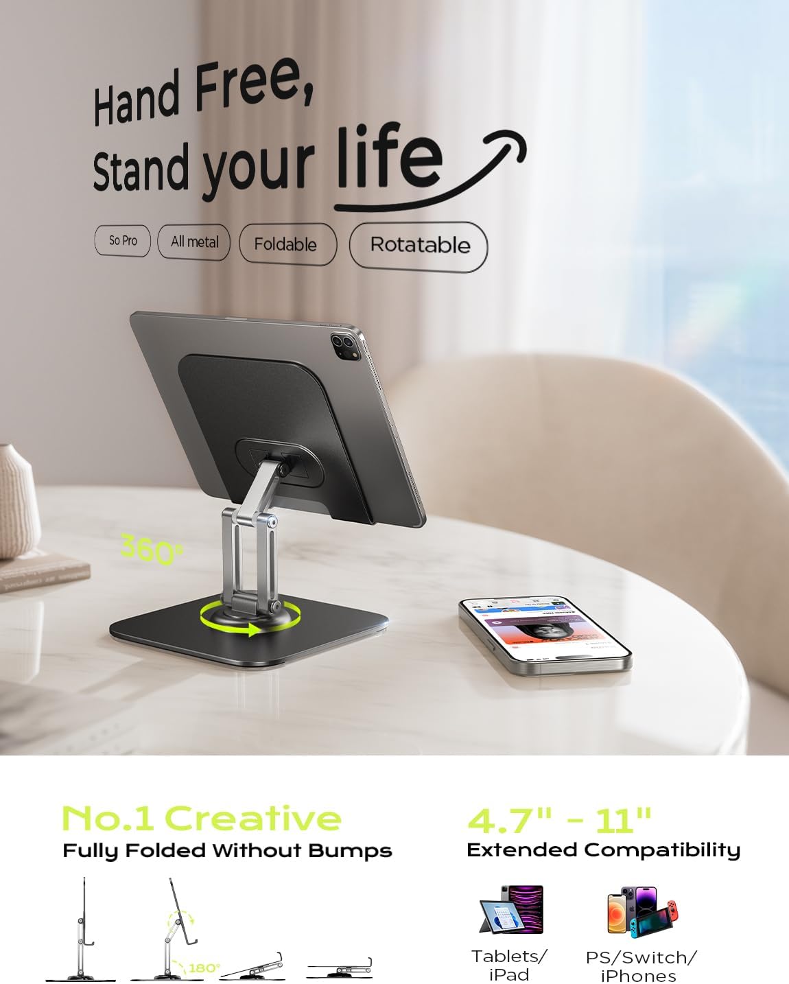 LISEN for iPad Stand Holder Adjustable Tablet Stand for Desk, 2026 Kids for iPad Accessories Rotating Display Stand PC Office Accessories for Desk Women Gifts Kindle Tablet PS Switch iPhone 11"-4.7"