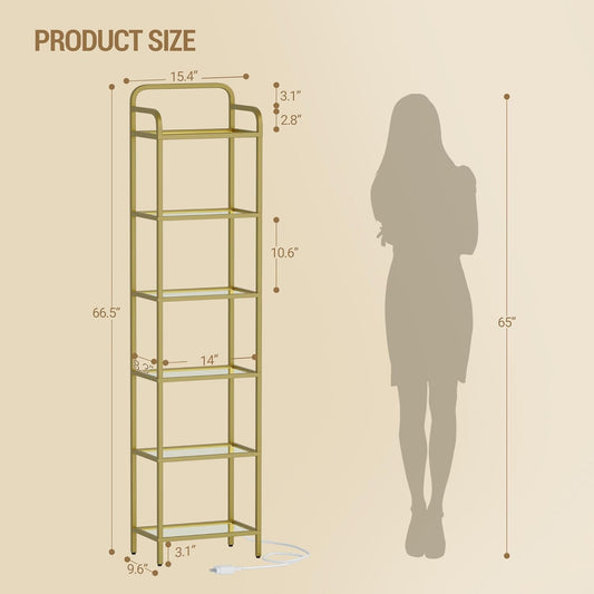Bookshelf, Tall Narrow Bookcase with LED Lights, Tempered Glass Bookshelves with Steel Frame, Display Shelf, Slim Shelving Unit for Living Room, Bedroom, 9.6"D x 15.4"W x 66.5"H Gold BC34699G