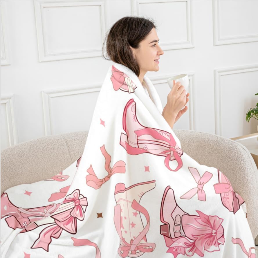 Cowgirl Throw Blanket,Western Cowboy Boots Pink Bowknots Fleece Blanket for Bedroom Dreamy Fairy Tale Princess Starry Pink White Soft Blanket for All Seasons,Baby (30 x 40 Inches)