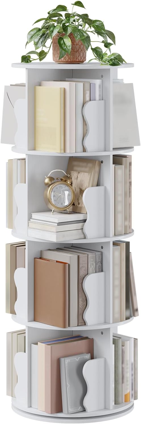 Rotating Bookshelf, 360 Display Spinning Bookshelf Tower, 4 Tier Floor Standing Bookcase Storage Rack, Revolving Bookcase Wood Narrow Book Shelf Organizer for Small Space, Bedroom, Living Room, White