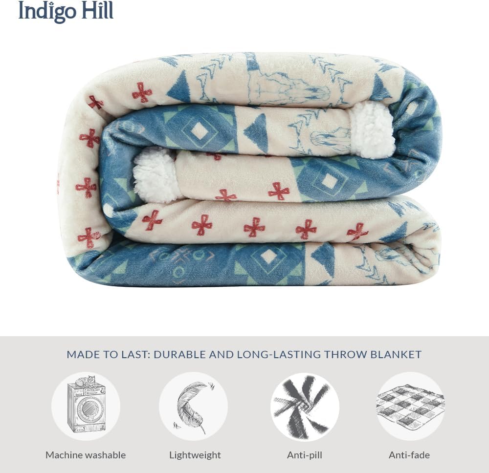Indigo Hill by HiEnd Accents Patchwork Paisley Sherpa Throw Blanket, Bandana Longhorn Horseshoe Western Throw Fleece Blanket, Sherpa Plush Throw, Soft Blankets for Couch Sofa Bed, 54x68 inch