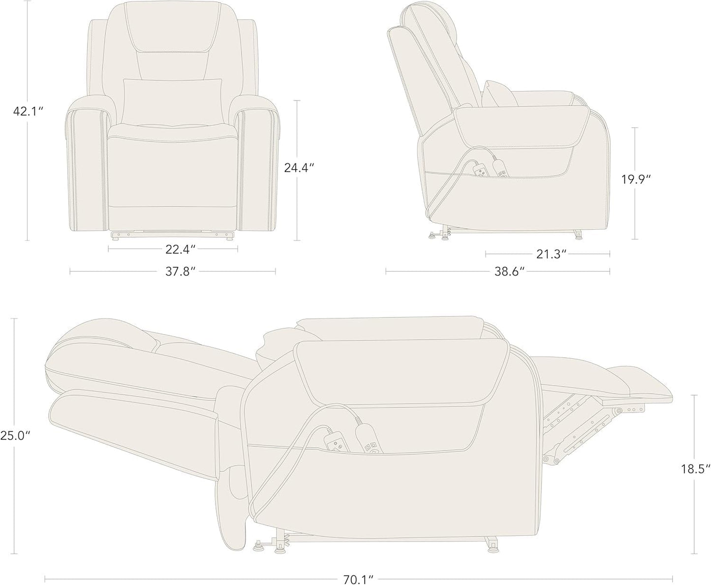 Oversized Power Lift Recliner Chair for Elderly, Electric Lay Flat Sofa with Massage and Heat, 2 Cup Holders and USB Ports, Modern Leather Ergonomic Lounge Chair