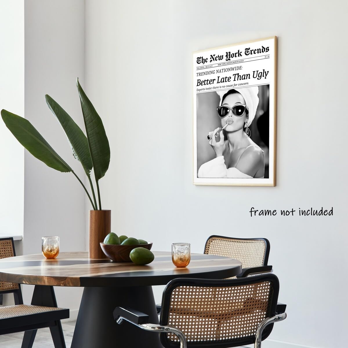 New York Trends Wall Art Black and White Newspaper Better Late Than Ugly Poster Canvas Prints Funky Feminist Posters Trendy College Wall Decor for Bar Cart Girl Dorm Room Bathroom Decorative 12x16inch Unframed
