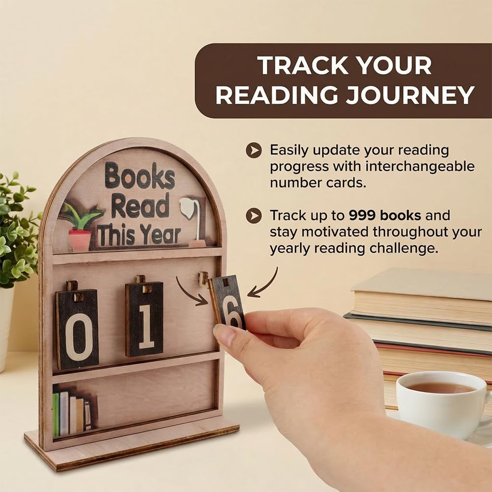 Books Read This Year Counter, Books Read This Year Sign with Stand and Bookmark, Book tracker for Reading Goal Bookshelf Decor, Gift for Teachers, Librarians, Readers(COLOR:wood)