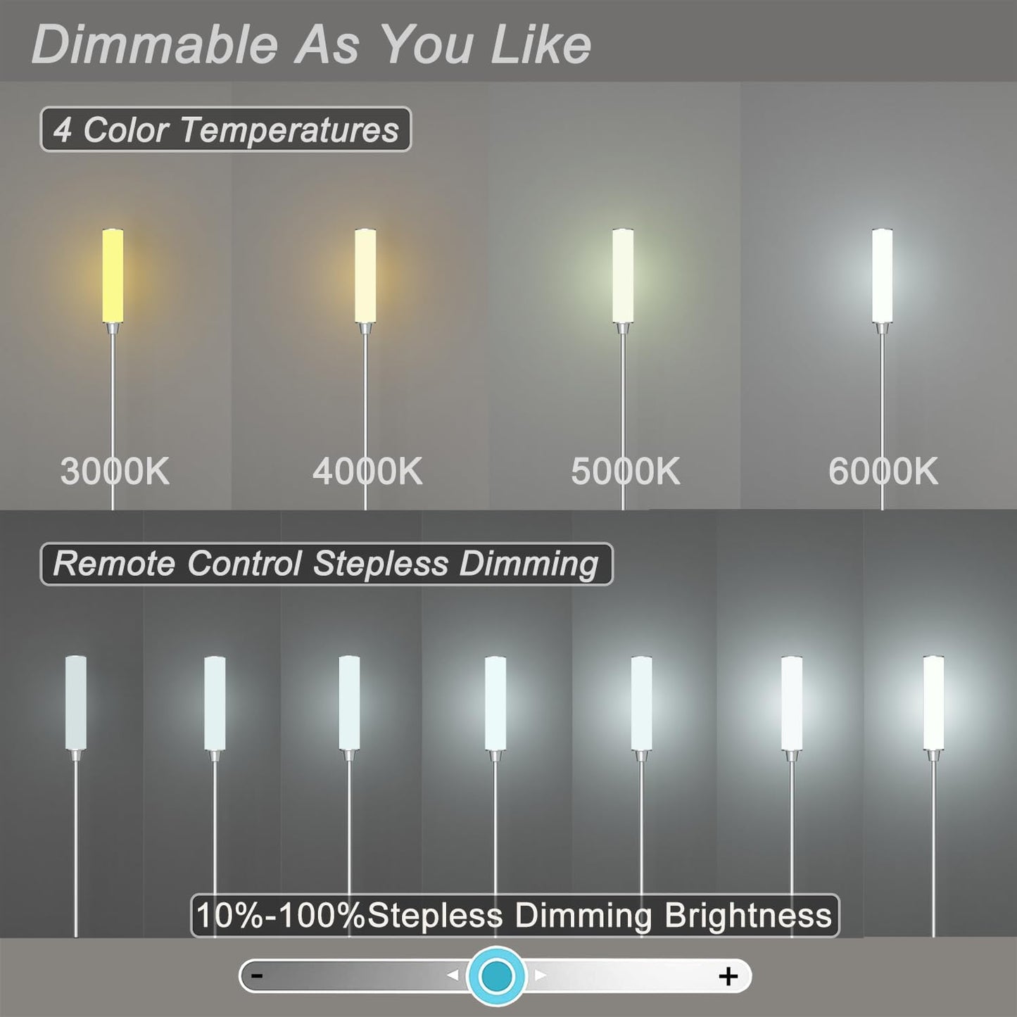Floor Lamp with Remote Control,Bright Floor Lamps for Living Room/Bedroom/Office, Stepless Adjustable 3000K-6000K Colors and 10-100% Brightness,Standing Light with Foot Switch (Nickel)