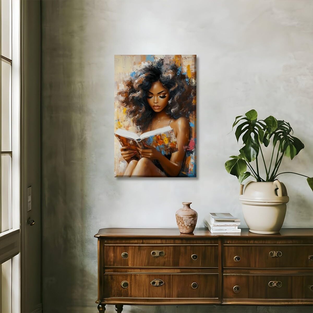 Mpgloquial African Black Woman Wall Art Beauty Lady Reading Book Canvas Oil Painting Posters Trendy Black Girl Poster Inspired Wall Decor Aesthetics for Apartment Dorm 8x12inch Unframed