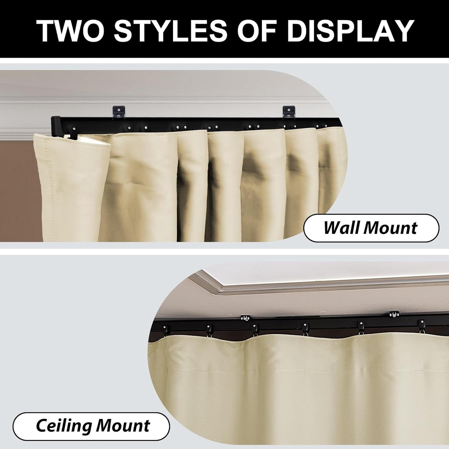 Room Divider Blackout Curtains & Ceiling Curtain Track Set Wall Mount Extra Wide Track Curtains Flexible Sliding Curtain Rod Room Separation Privacy（W 108 x H 84 in Beige Drape & Black Rail）
