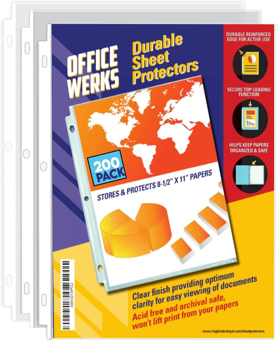 Office Werks 200 Sheet Protectors, 8.5X11 Inch Clear Page for 3 Ring Binder, Plastic Sleeves, Durable Top Loading Paper Protector with Reinforced Holes, Archival Safe