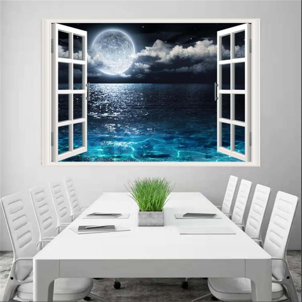 Self-Adhesive Wall Sticker Romantic Living Room Bedroom Study Office Decorative Wall Sticker Ocean Scenery Fake Window Sticker Mural (17.3"×27.6", Moon Beach)