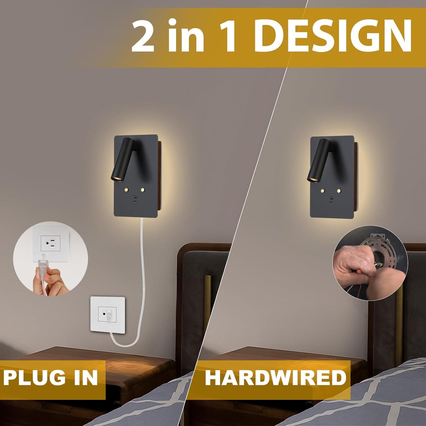 ZEROUNO Dimmable Wall Mounted Reading Light Set of 2,Adjustable Headboard Plug in Wall Sconce with USB A+C Ports,Touch Control Wall Light for Bedroom Bedside Lamps