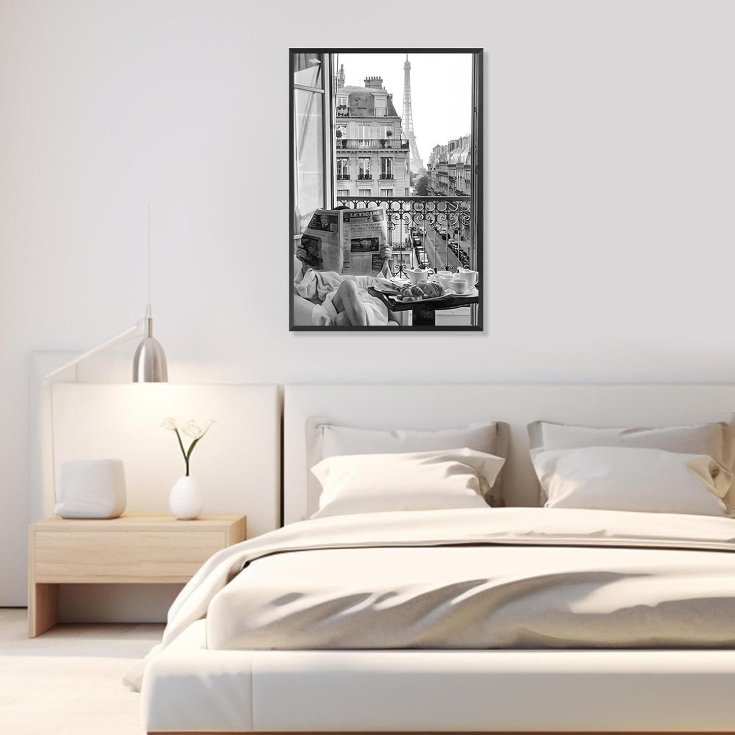Vintage Girl Reading Newspaper Canvas Wall Art Eiffel Tower View Poster Retro Black And White Feminist Room Aesthetic Prints Painting For Home Bedroom Dorm Apartment Wall Decor 16x24in Unframed