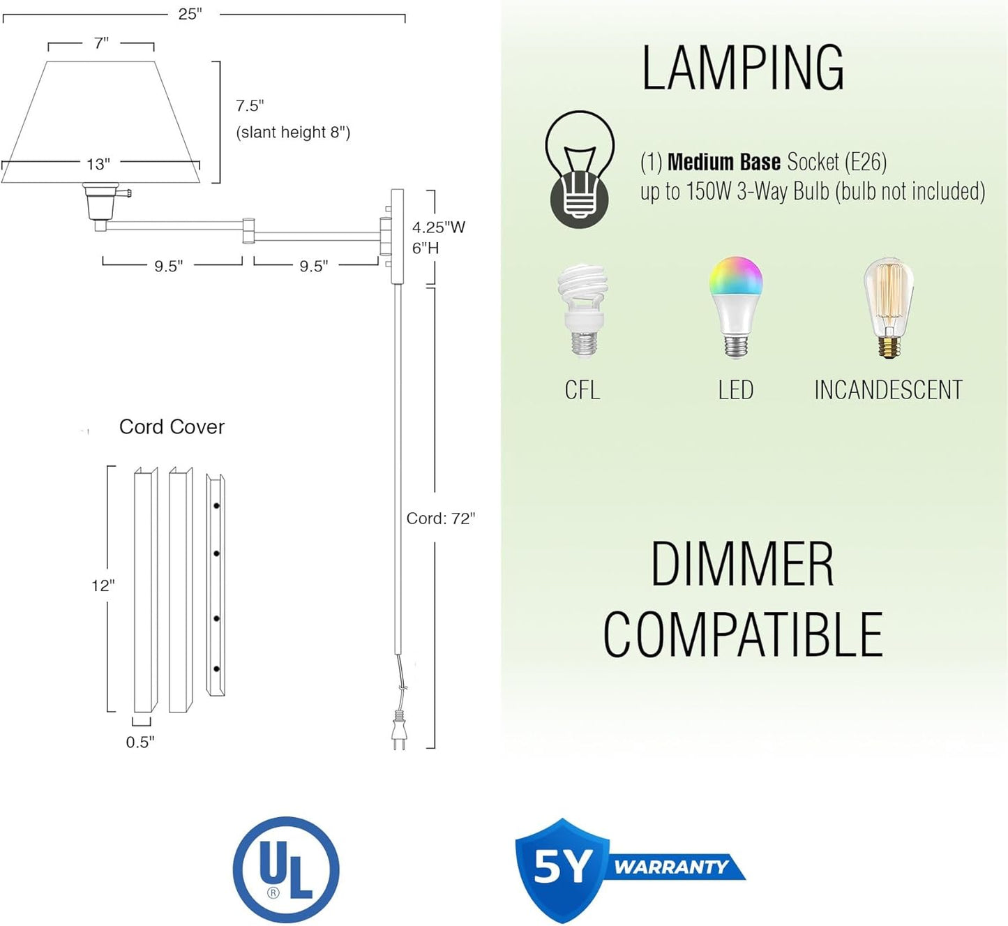 Kira Home Cambridge 15" Swing Arm Wall Lamp - Plug in/Wall Mount + White Fabric Shade, 150W 3-Way + Cord Covers, Satin Nickel Finish, 2-Pack