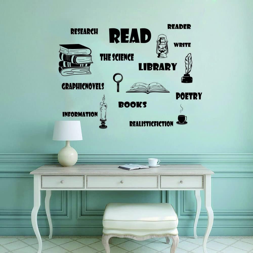 Reading & Learning Quotes Wall Sticker - PVC Removable Wall Art with Candle, Coffee, Pen & Lamp for Study, Classroom & Student Room Decor - 26"x36" Size (black-JWH275-reading)