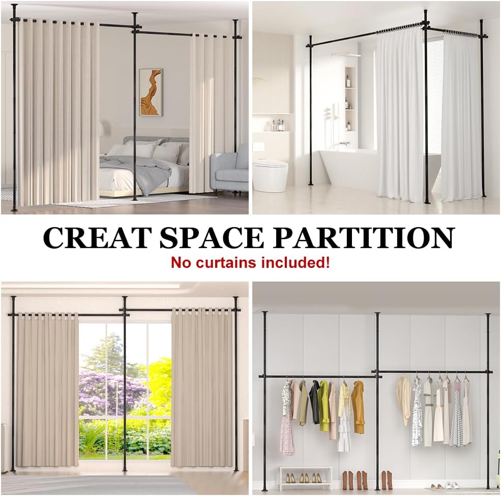 KELIXU Room Divider Curtain Rod, No Drilling Tension Rods for Room Separation, 28-144 inch W x 4-10 ft H Floor to Ceiling Wall Dividers Heavy Duty Vertical Tension Stand, Easy to Install, Black