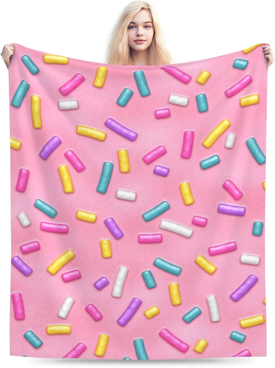 Pink Girly Donut Sprinkles Throw Blanket Super Soft Warm Bed Blankets for Couch Bedroom Sofa Office Car, All Season Cozy Flannel Plush Blanket Gifts for Girls Boys Teens Adults 60"x50"