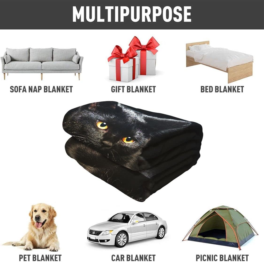 Black Cat Throw Blanket Modern Black Decorative Big Eyes Black Cat Fleece Blanket Soft Warm Cozy for Kids Adult Gifts 50"x60"