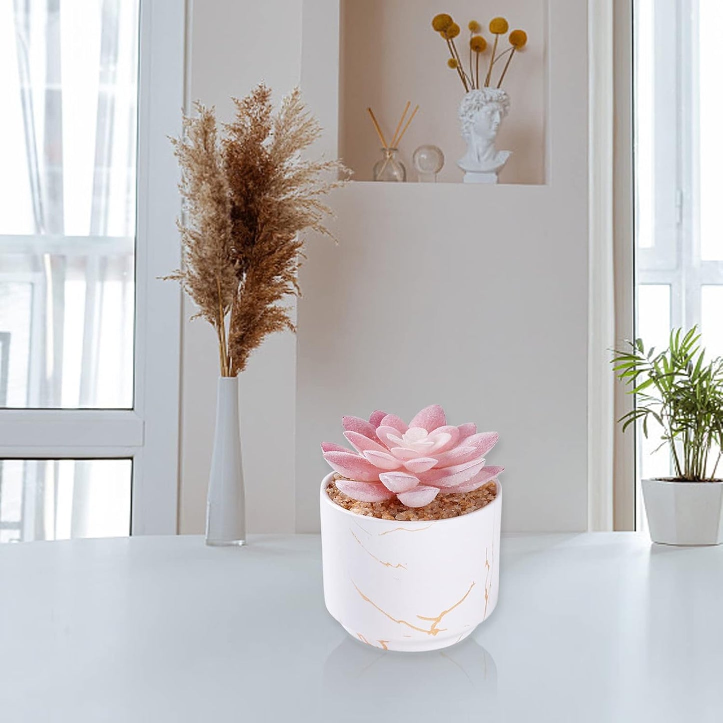 Succulent Artificial Plants,Cute Fake Succulents in 1 White Ceramic Pots,Small Fake Plants for Office,Table,Desk,Bathroom, Bedroom,Aesthetic Room Shelves Decor,Desk Decorations for Women Office