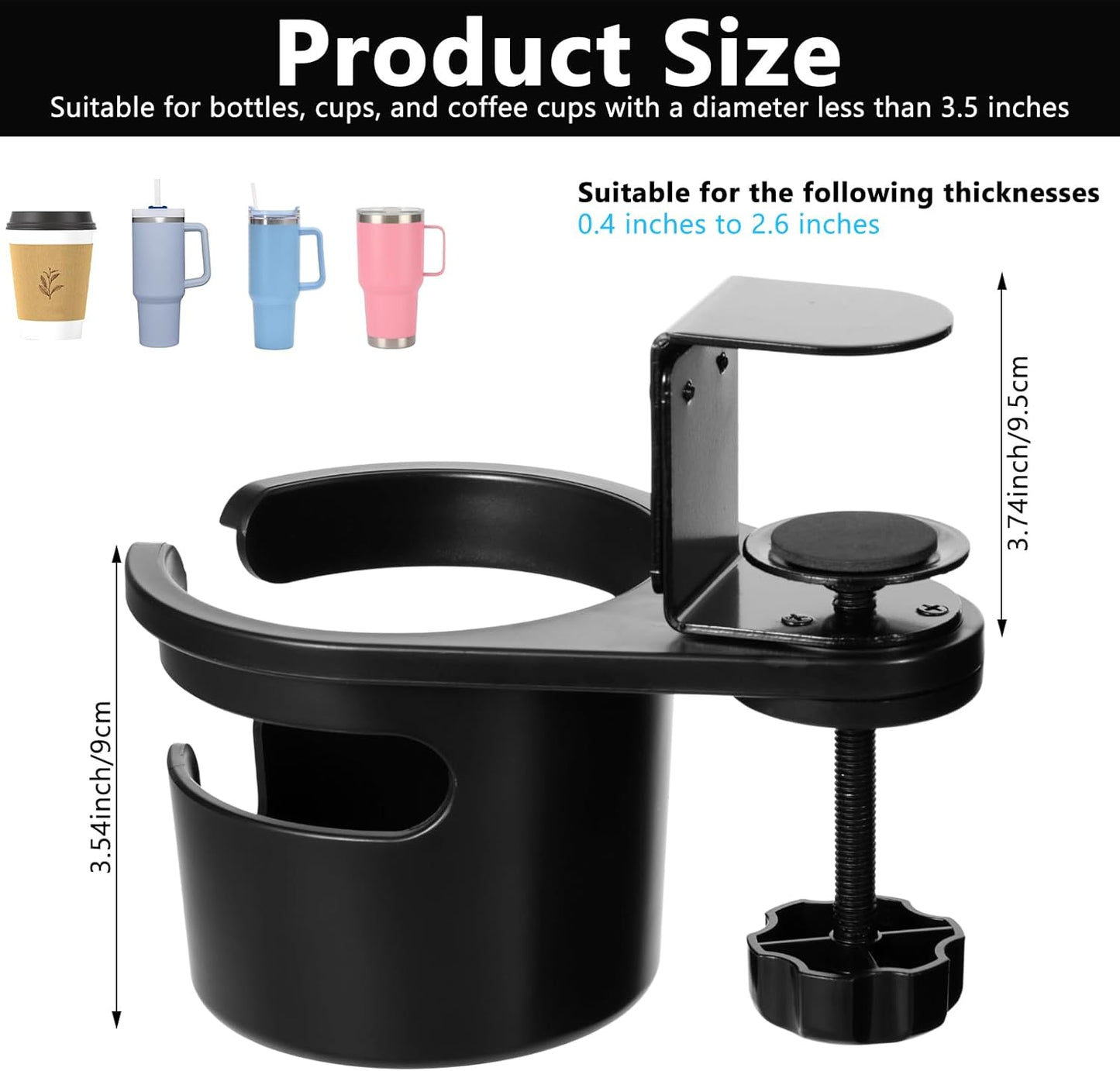 3-Stage Adjustable Desk Cup Holder Clamp, 360° Rotating Anti-Spill Tray for Water Bottles & Mugs, Heavy-Duty Under Desk Organizer for Office, PC Gaming & School, Black
