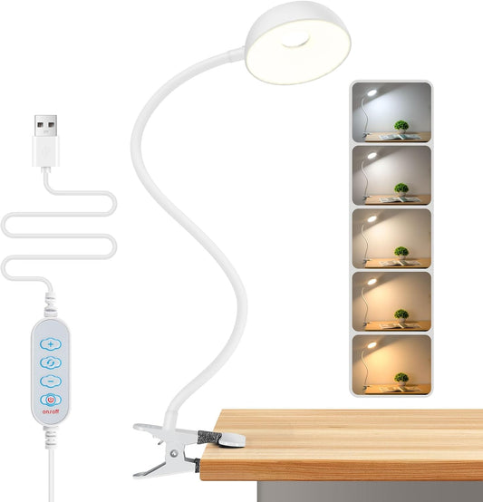 Clip on Lamp 10-Level Dimming & 5 Color Modes LED Book Light, Flexible Reading Light with Clamp for Beds, Desks, Table, Headboards, Dorm- Eye-Friendly Clip on Night Light for Kids/Adults (White)
