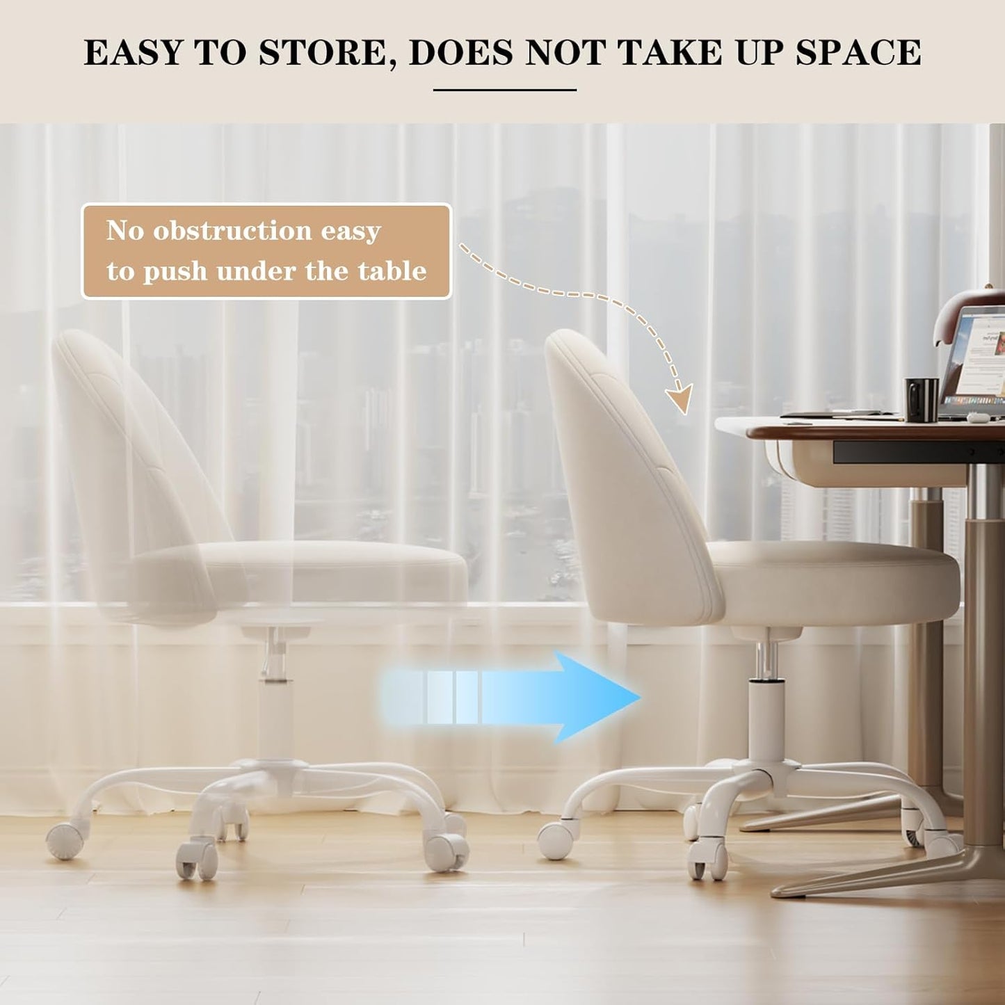 Velvet Vanity Chair with Wheels, Height Adjustable Swivel Makeup Chair, Armless Small Desk Chair for Bedroom/Office/Vanity Table, 250 lbs Capacity (Velvet, White)