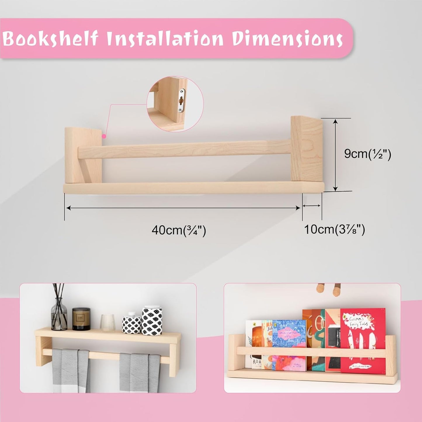 2-Pack Floating Shelves, 16 Inch Wooden Wall Mounted Hanging Shelf,Space Saving for Living Room, Bedroom, Kitchen, Office, Study, Kids Room