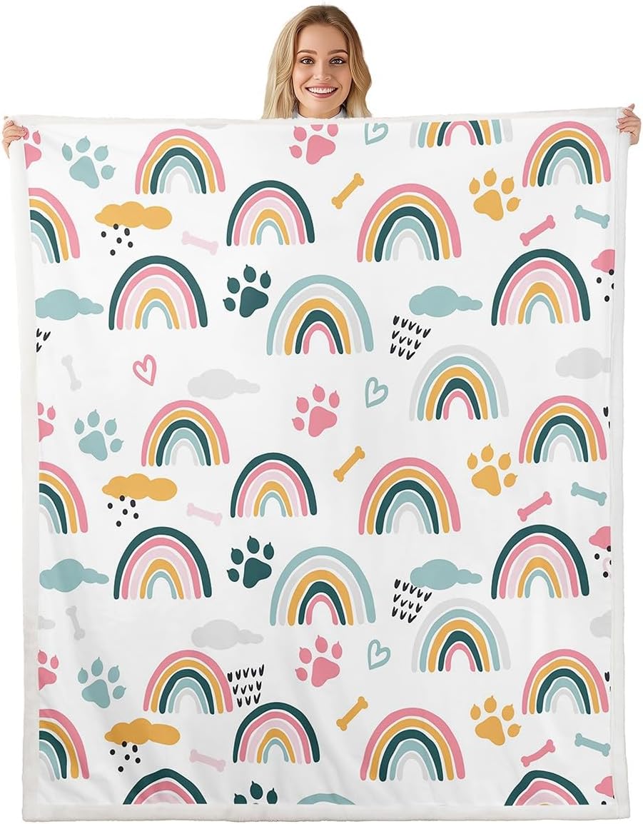 Girls Rainbow Throw Blanket,Cartoon Dog Paw Print Cloud Bones Pattern Blankets for Kids Boys Teens Room Decor,Lovely Pet Animal Theme Fleece Blanket Pink Blue White Sherpa Blanket